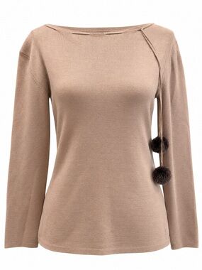 Think Tank Tan Sweater Pom Pom Detail Silk Cotton Blend Boat Neck Sweater